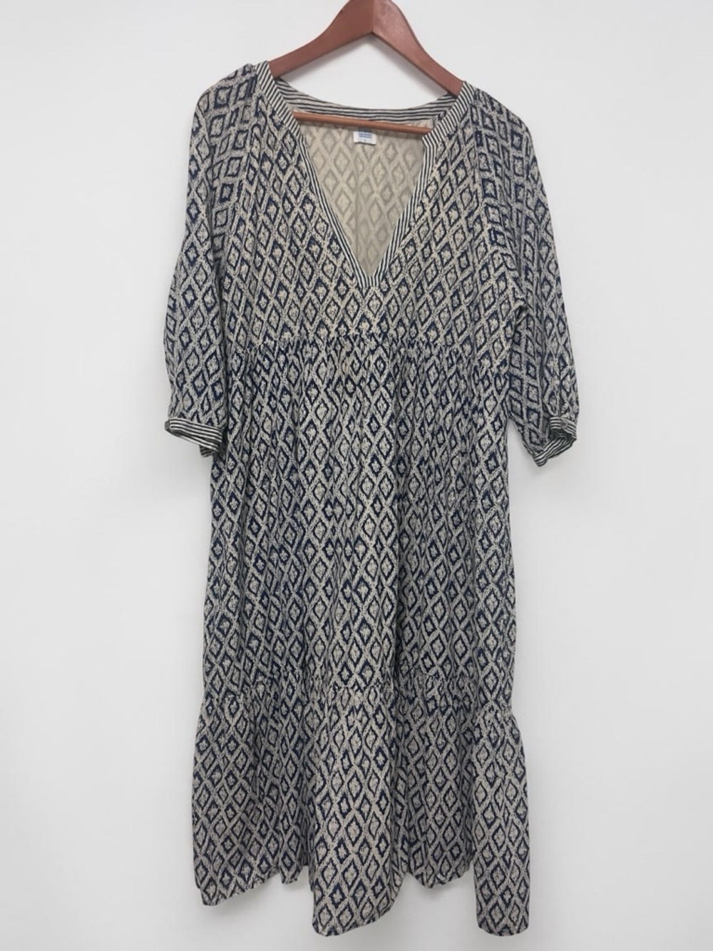Mer St. Barth blue & cream geometric coastal Martime Midi dress size L